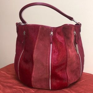 Blood red, leather and pony skin shoulder bag